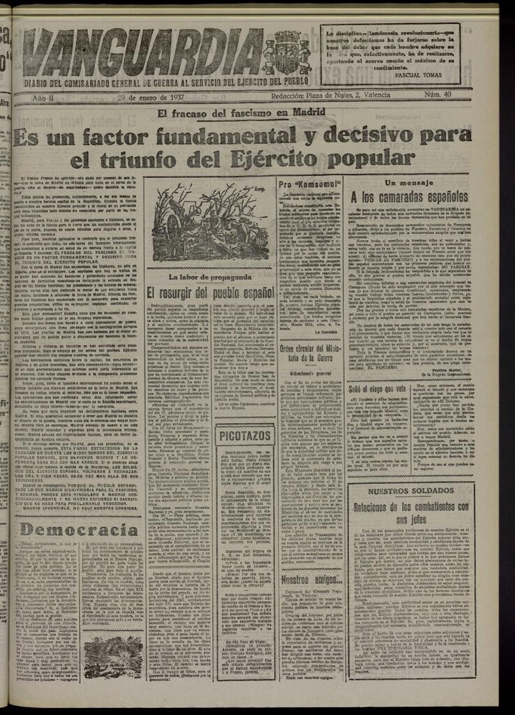 Miniatura de Vanguardia: Diario del Comisariado General de Guerra al servicio del ejército del pueblo del 29 de enero de 1937, nº 40