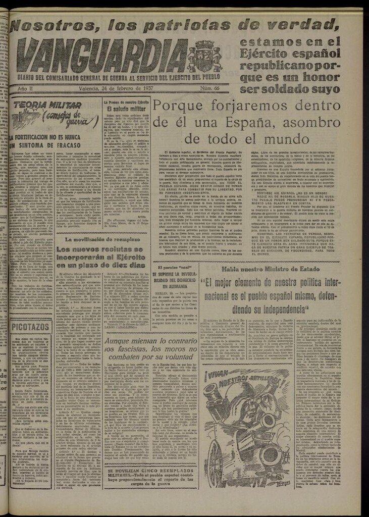 Miniatura de Vanguardia: Diario del Comisariado General de Guerra al servicio del ejército del pueblo del 24 de febrero de 1937, nº 66