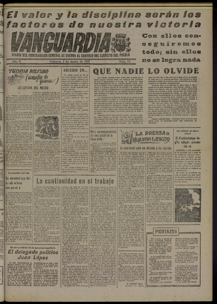 Miniatura de Vanguardia: Diario del Comisariado General de Guerra al servicio del ejército del pueblo del 2 de marzo de 1937, nº 72