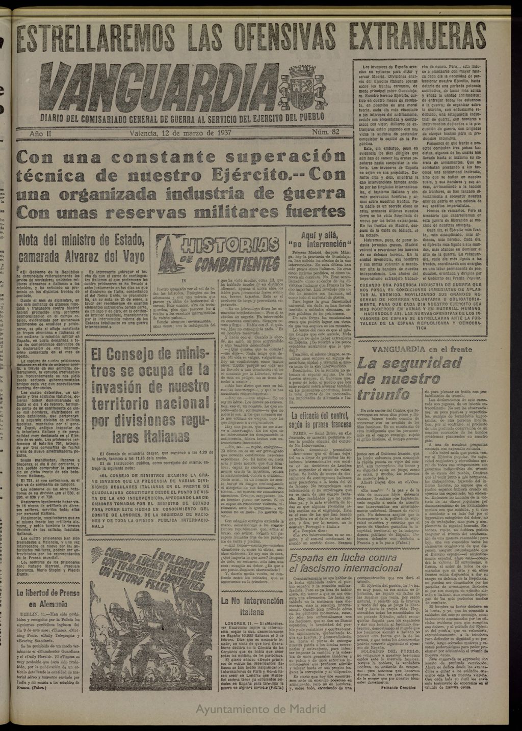 Miniatura de Vanguardia: Diario del Comisariado General de Guerra al servicio del ejército del pueblo del 12 de marzo de 1937, nº 82