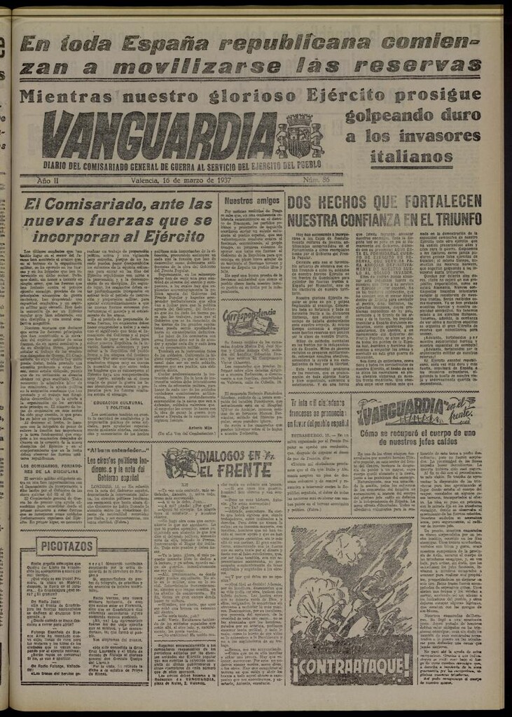 Miniatura de Vanguardia: Diario del Comisariado General de Guerra al servicio del ejército del pueblo del 16 de marzo de 1937, nº 86