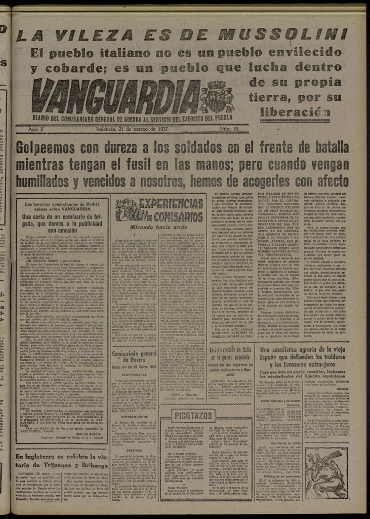 Miniatura de Vanguardia: Diario del Comisariado General de Guerra al servicio del ejército del pueblo del 21 de marzo de 1937, nº 91