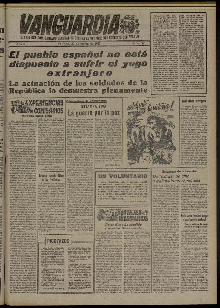 Miniatura de Vanguardia: Diario del Comisariado General de Guerra al servicio del ejército del pueblo del 22 de marzo de 1937, nº 92