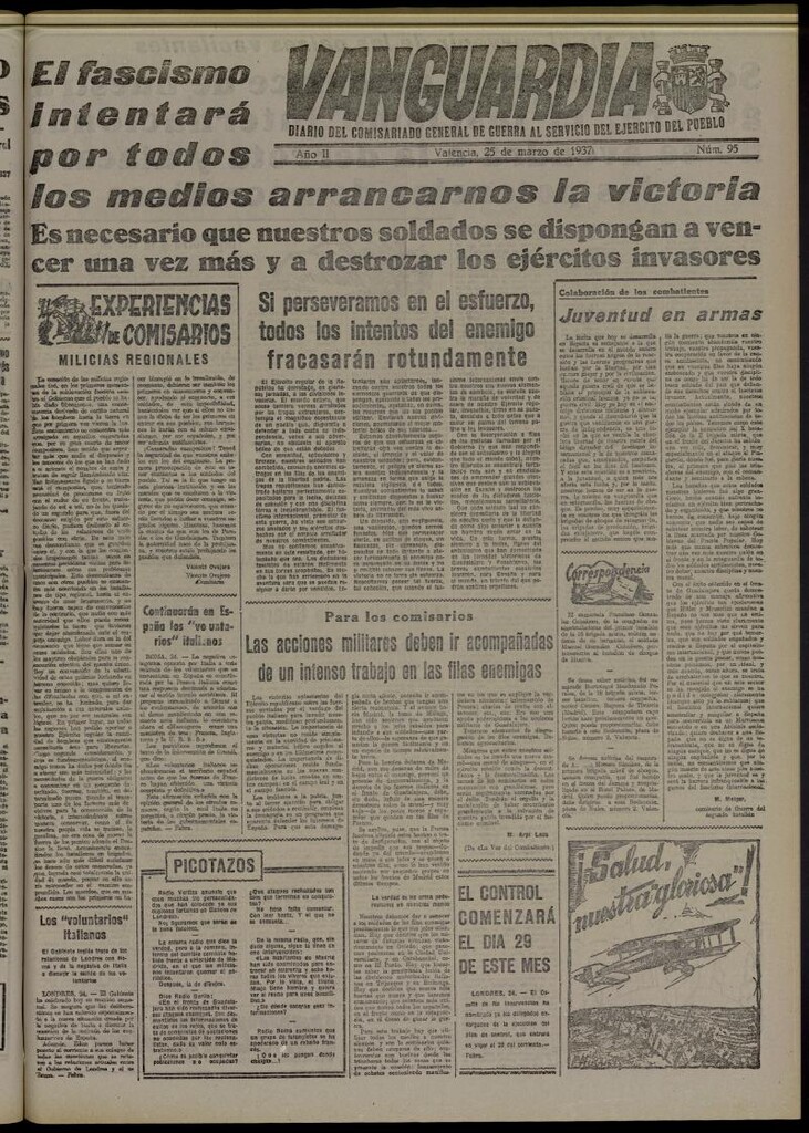 Miniatura de Vanguardia: Diario del Comisariado General de Guerra al servicio del ejército del pueblo del 25 de marzo de 1937, nº 95