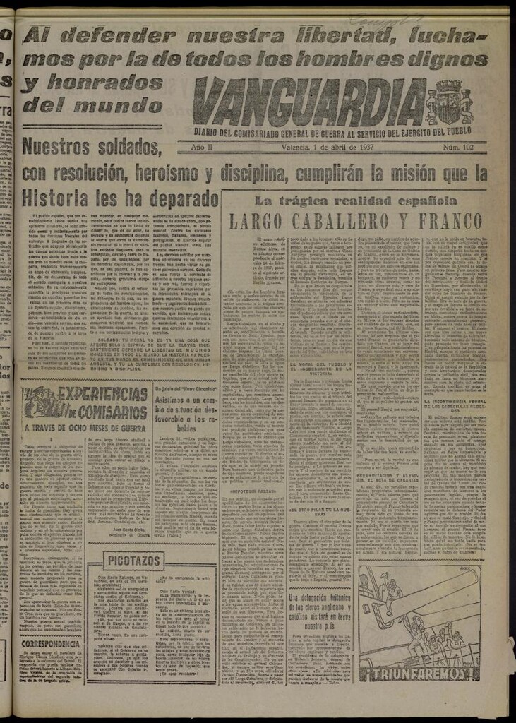 Miniatura de Vanguardia: Diario del Comisariado General de Guerra al servicio del ejército del pueblo del 1 de abril de 1937, nº 102
