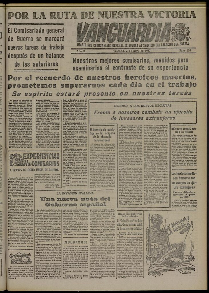 Miniatura de Vanguardia: Diario del Comisariado General de Guerra al servicio del ejército del pueblo del 2 de abril de 1937, nº 103