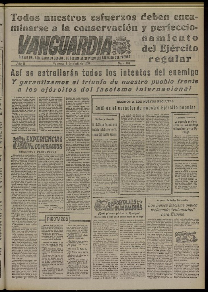 Miniatura de Vanguardia: Diario del Comisariado General de Guerra al servicio del ejército del pueblo del 3 de abril de 1937, nº 104