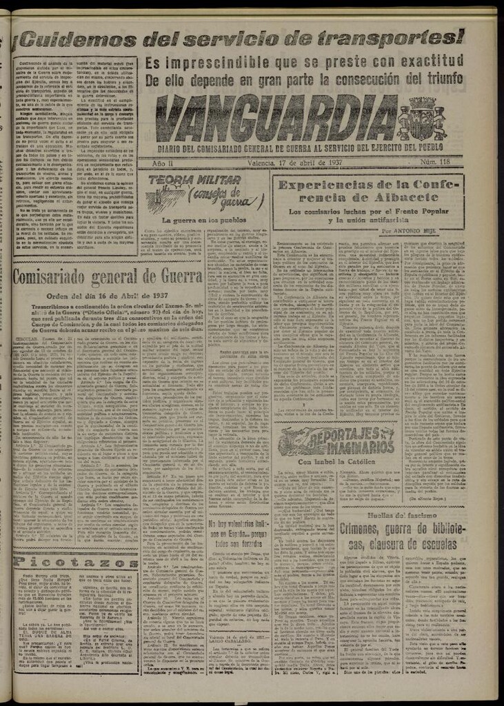Miniatura de Vanguardia: Diario del Comisariado General de Guerra al servicio del ejército del pueblo del 17 de abril de 1937, nº 118