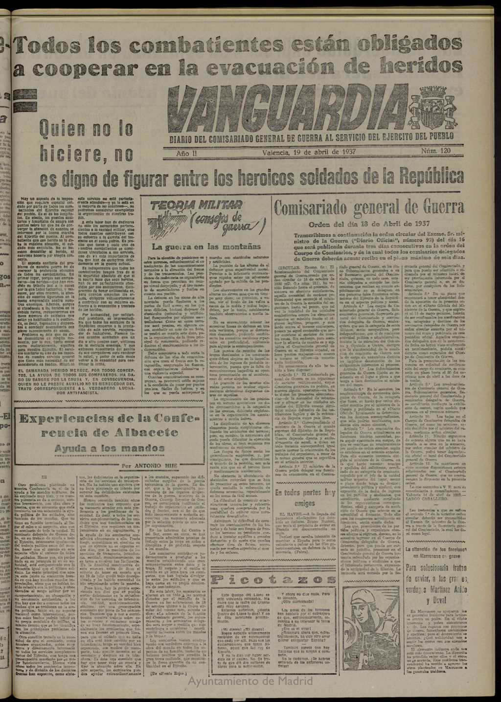Miniatura de Vanguardia: Diario del Comisariado General de Guerra al servicio del ejército del pueblo del 19 de abril de 1937, nº 120