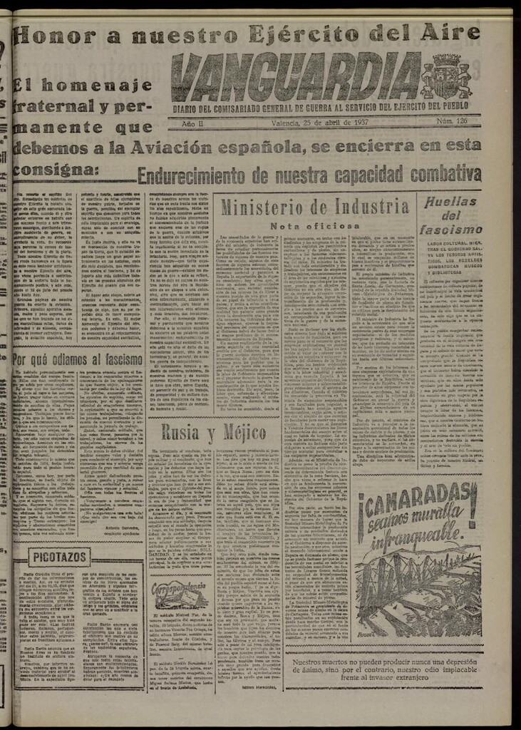 Miniatura de Vanguardia: Diario del Comisariado General de Guerra al servicio del ejército del pueblo del 25 de abril de 1937, nº 126