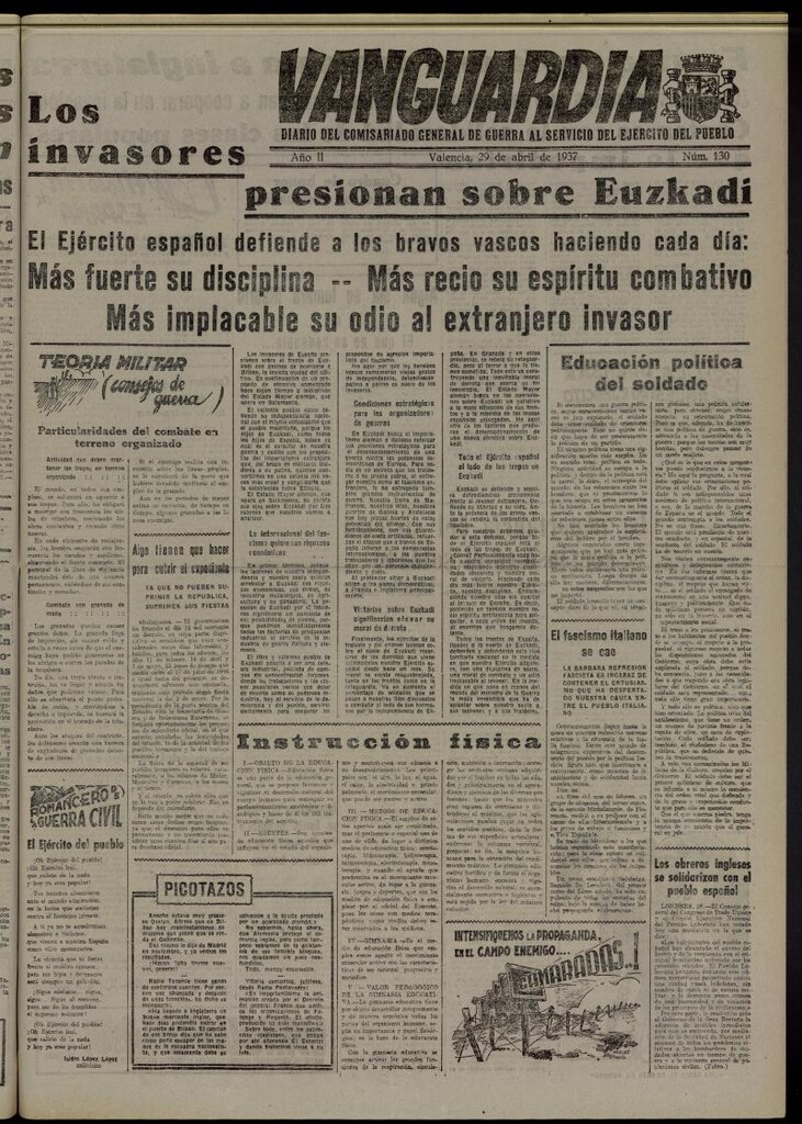Miniatura de Vanguardia: Diario del Comisariado General de Guerra al servicio del ejército del pueblo del 29 de abril de 1937, nº 130