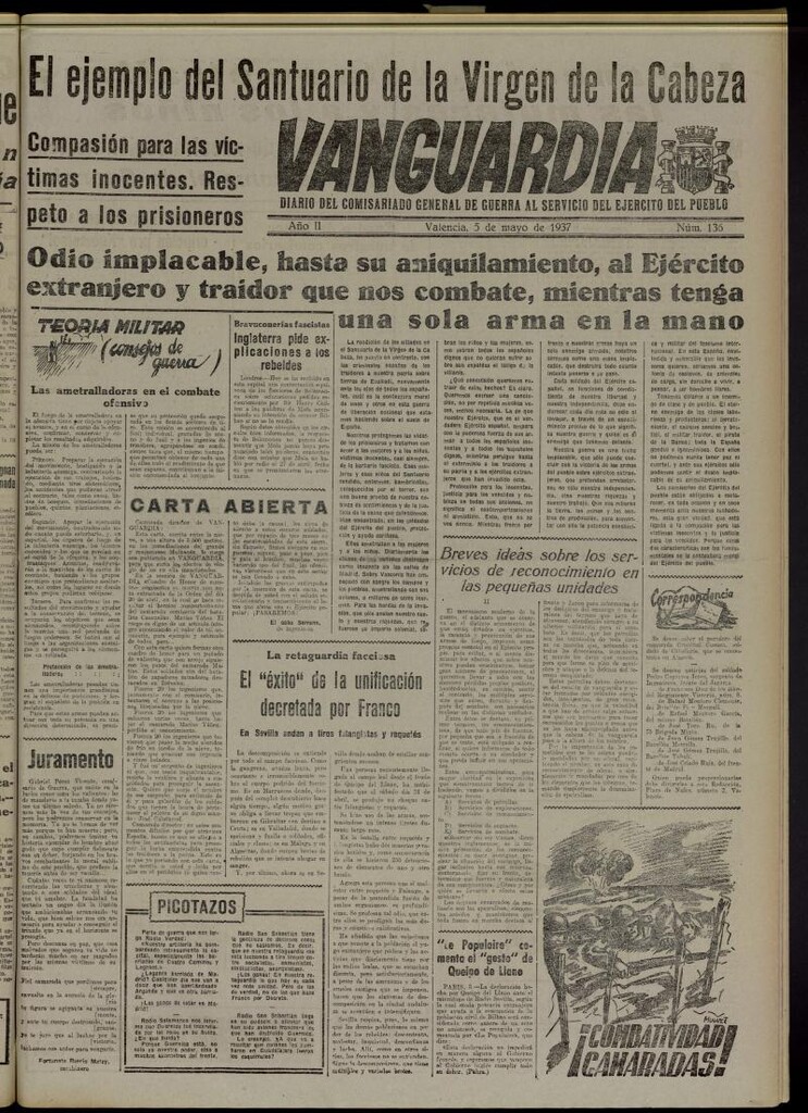 Miniatura de Vanguardia: Diario del Comisariado General de Guerra al servicio del ejército del pueblo del 5 de mayo de 1937, nº 136