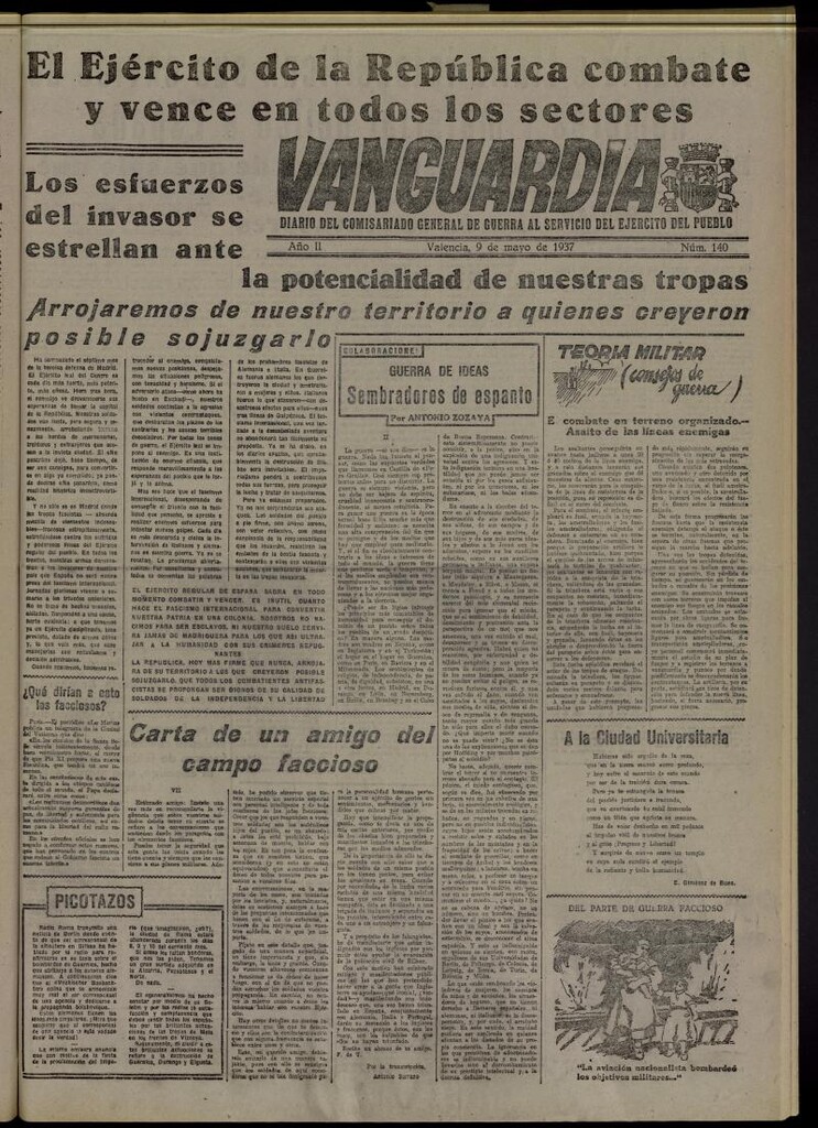 Miniatura de Vanguardia: Diario del Comisariado General de Guerra al servicio del ejército del pueblo del 9 de mayo de 1937, nº 140