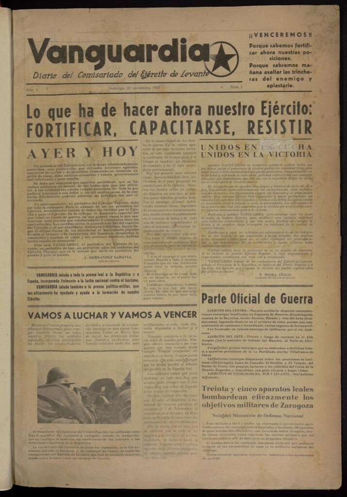 Miniatura de Vanguardia: Diario del Comisariado del Ejército de Levante del 21 de noviembre de 1937, nº 1