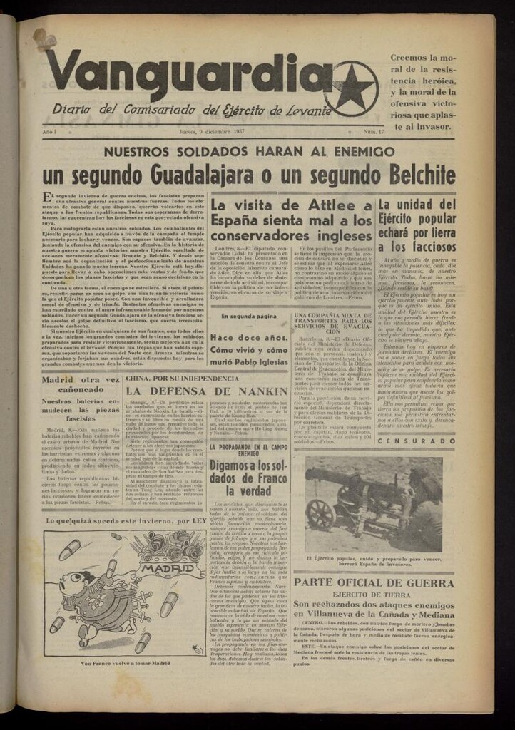 Miniatura de Vanguardia: Diario del Comisariado del Ejército de Levante del 9 de diciembre de 1937, nº 17