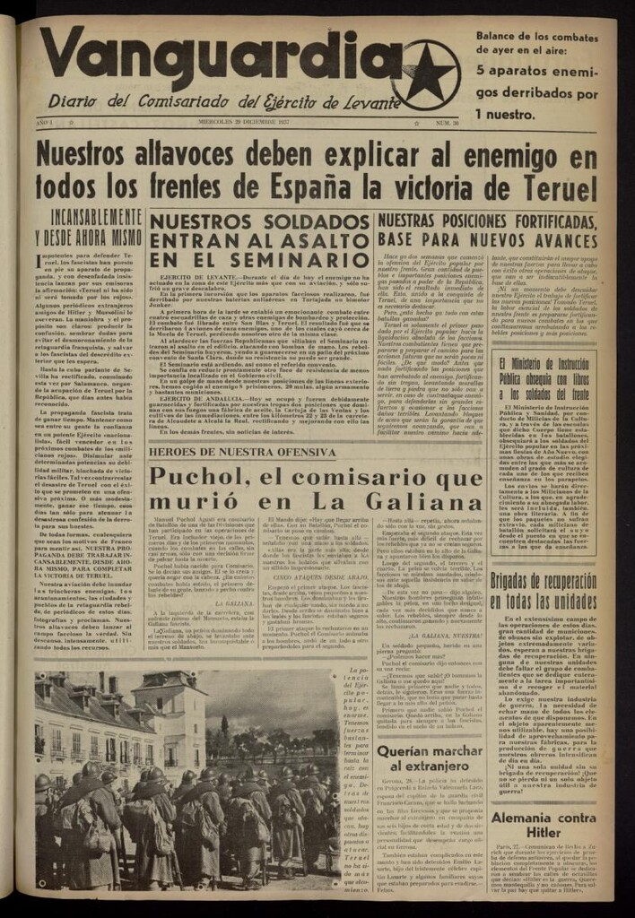 Miniatura de Vanguardia: Diario del Comisariado del Ejército de Levante del 29 de diciembre de 1937, nº 36