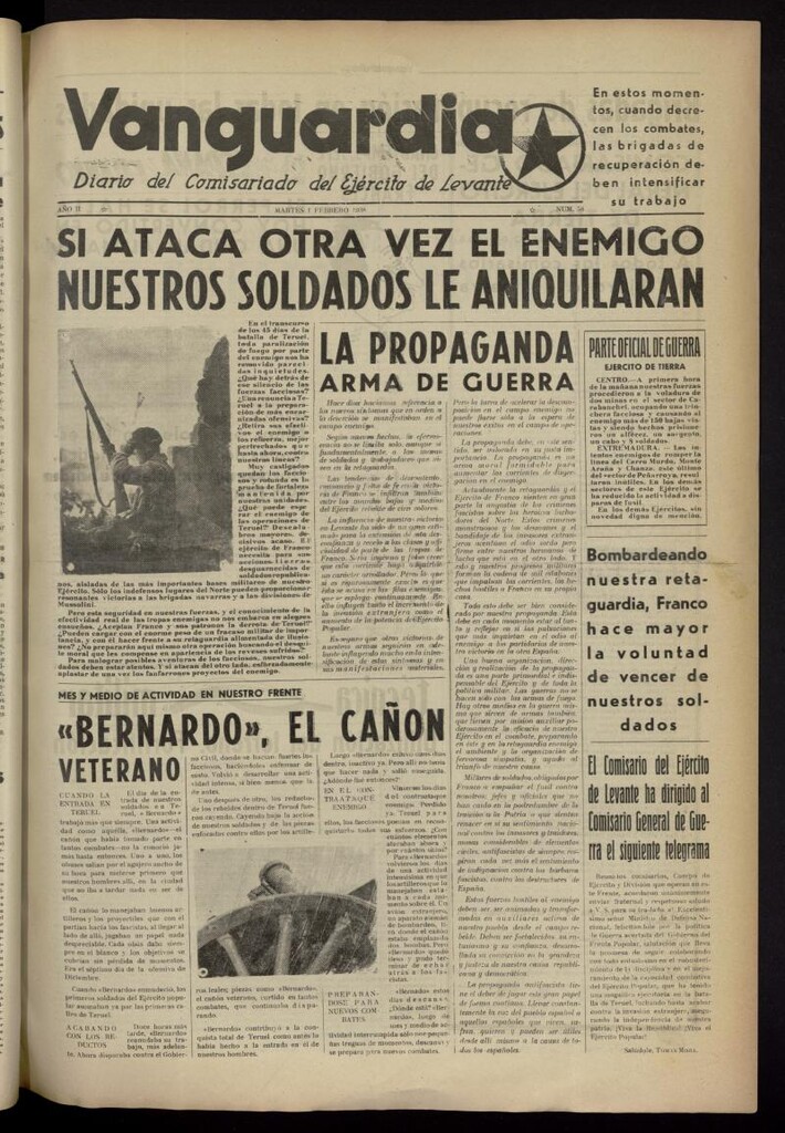 Miniatura de Vanguardia: Diario del Comisariado del Ejército de Levante del 1 de febrero de 1938, nº 58