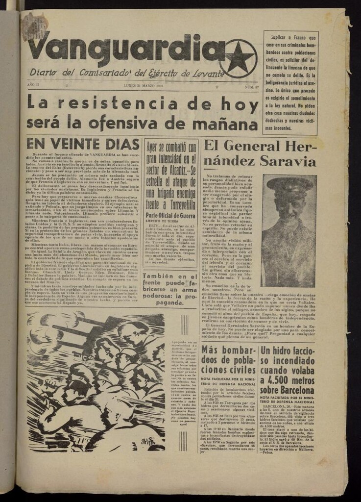 Miniatura de Vanguardia: Diario del Comisariado del Ejército de Levante del 21 de marzo de 1938, nº 87