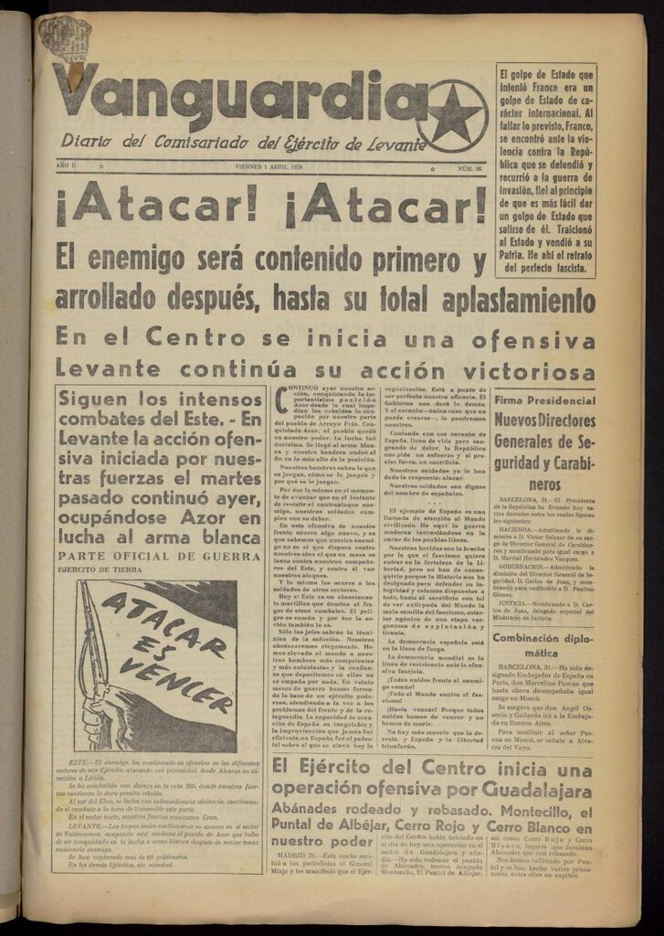Miniatura de Vanguardia: Diario del Comisariado del Ejército de Levante del 1 de abril de 1938, nº 96