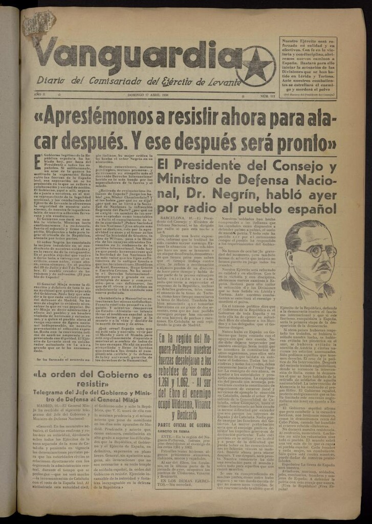 Miniatura de Vanguardia: Diario del Comisariado del Ejército de Levante del 17 de abril de 1938, nº 111