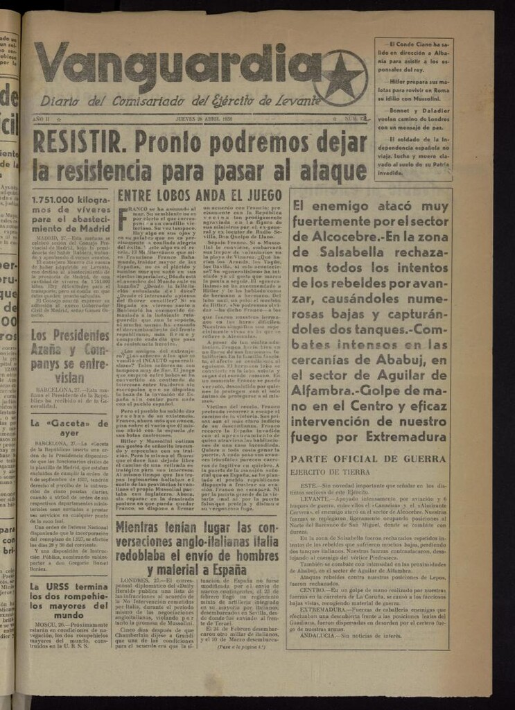Miniatura de Vanguardia: Diario del Comisariado del Ejército de Levante del 28 de abril de 1938, nº 122