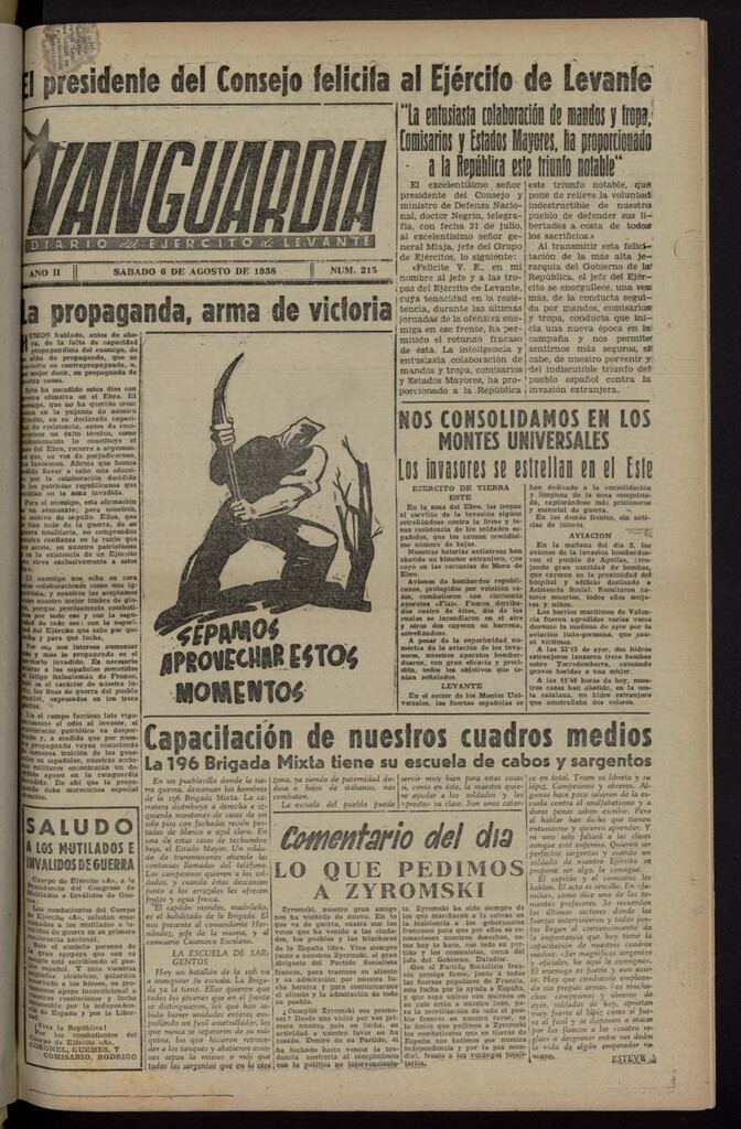 Miniatura de Vanguardia: Diario del Comisariado del Ejército de Levante del 6 de agosto de 1938, nº 215