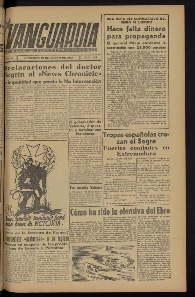 Miniatura de Vanguardia: Diario del Comisariado del Ejército de Levante del 10 de agosto de 1938, nº 219