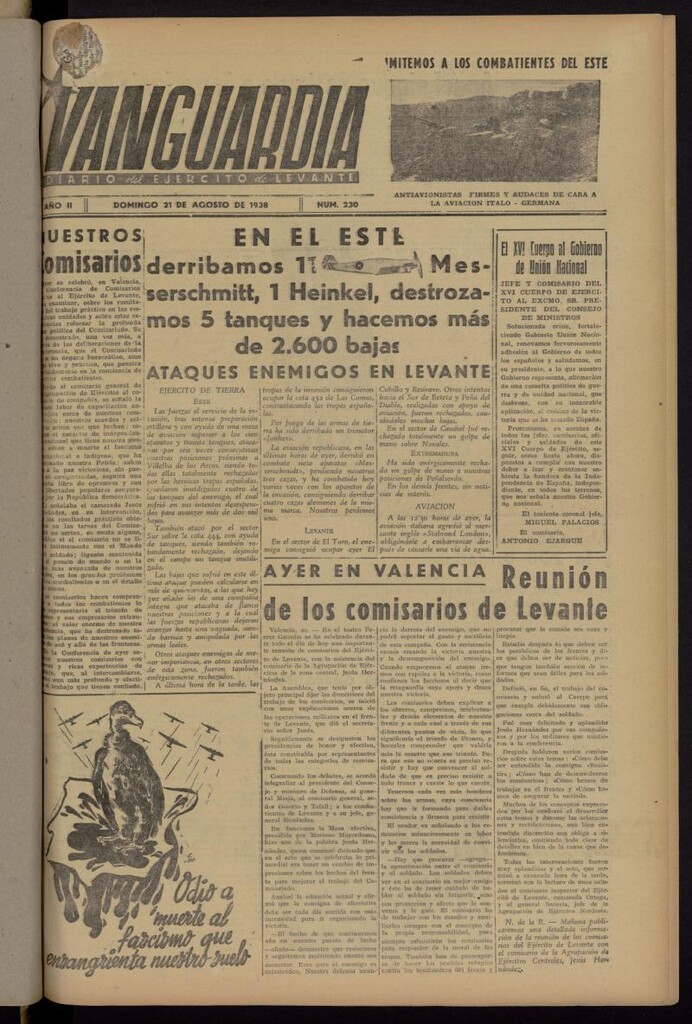 Miniatura de Vanguardia: Diario del Comisariado del Ejército de Levante del 21 de agosto de 1938, nº 230
