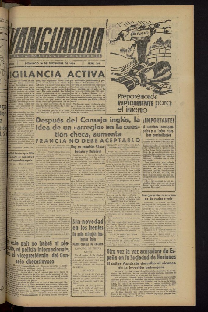Miniatura de Vanguardia: Diario del Comisariado del Ejército de Levante del 18 de septiembre de 1938, nº 258