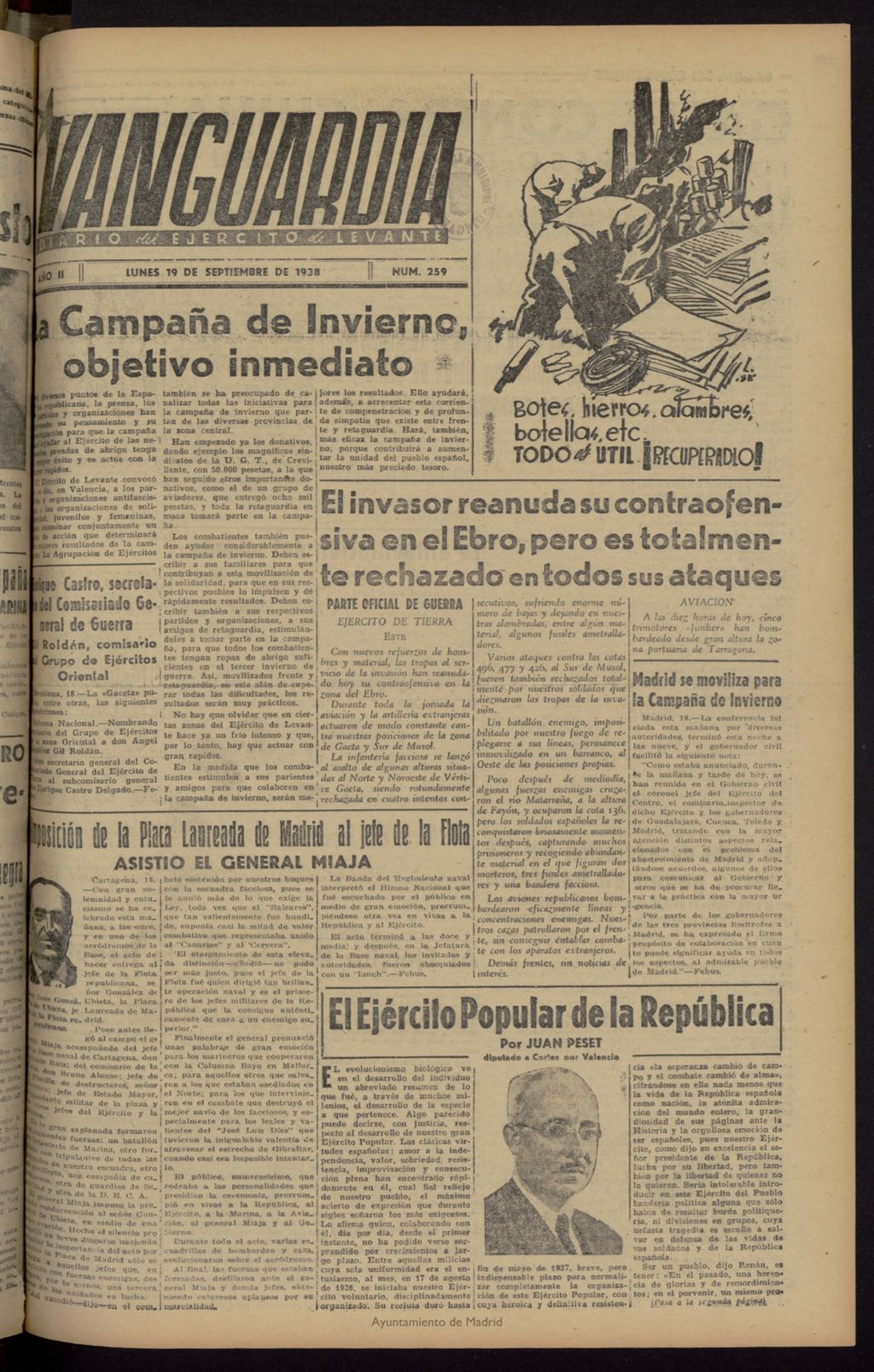 Miniatura de Vanguardia: Diario del Comisariado del Ejército de Levante del 19 de septiembre de 1938, nº 259
