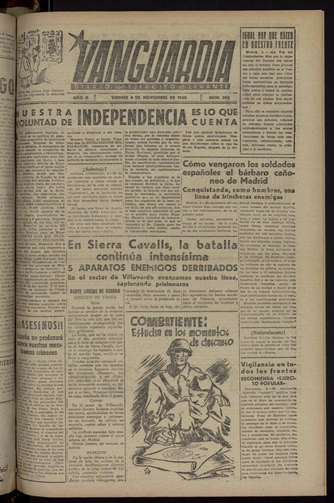 Miniatura de Vanguardia: Diario del Comisariado del Ejército de Levante del 4 de noviembre de 1938, nº 305