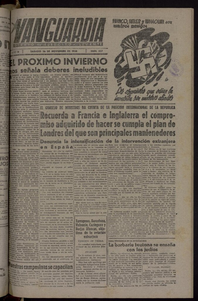Miniatura de Vanguardia: Diario del Comisariado del Ejército de Levante del 26 de noviembre de 1938, nº 327