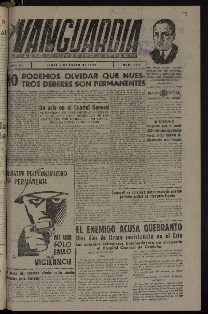 Miniatura de Vanguardia: Diario del Comisariado del Ejército de Levante del 2 de enero de 1939, nº 364