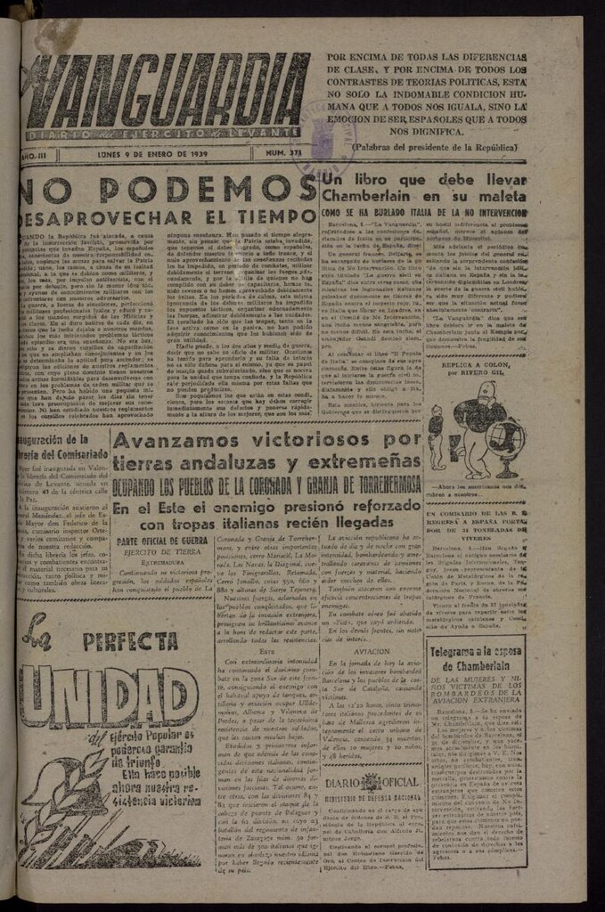 Miniatura de Vanguardia: Diario del Comisariado del Ejército de Levante del 9 de enero de 1939, nº 371