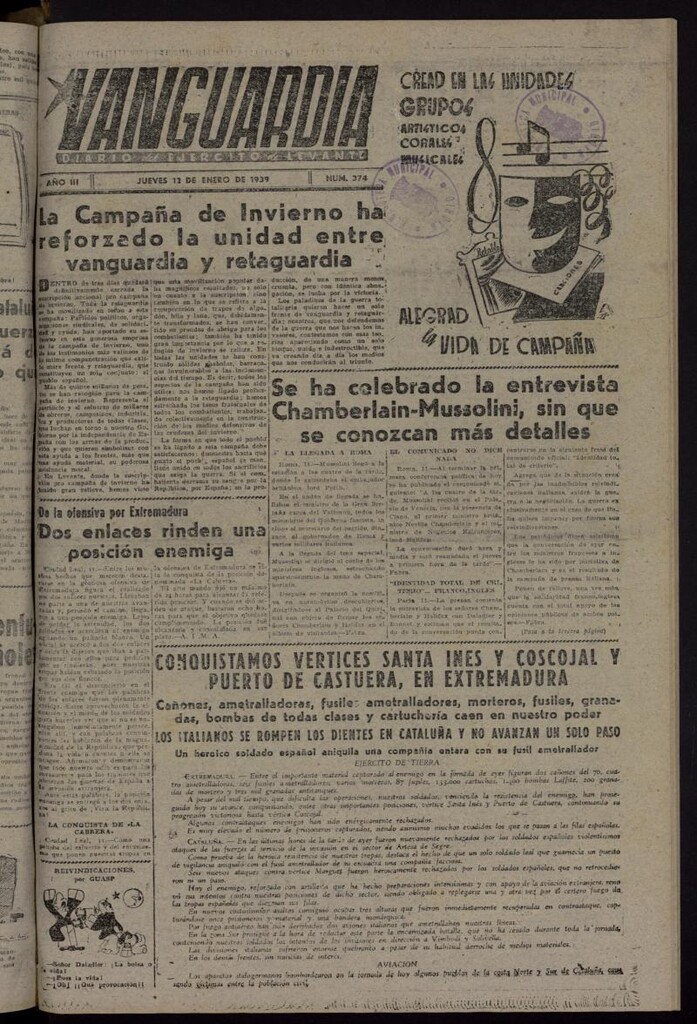 Miniatura de Vanguardia: Diario del Comisariado del Ejército de Levante del 12 de enero de 1939, nº 374
