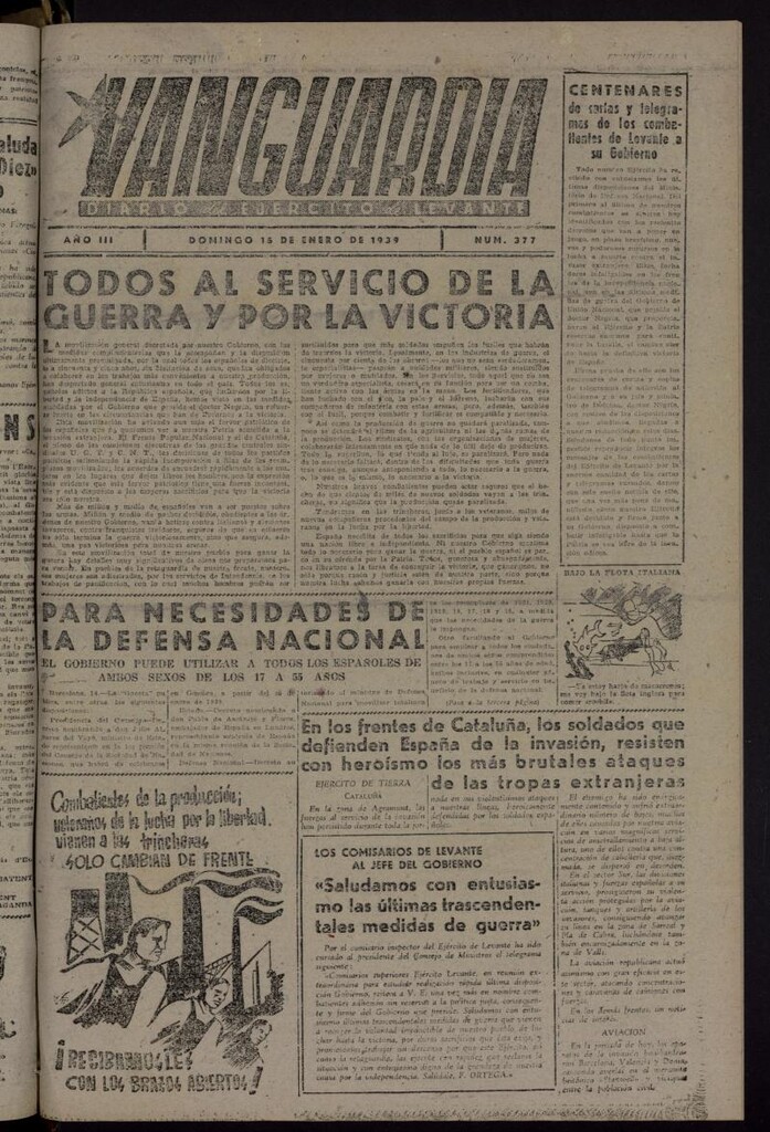 Miniatura de Vanguardia: Diario del Comisariado del Ejército de Levante del 15 de enero de 1939, nº 377