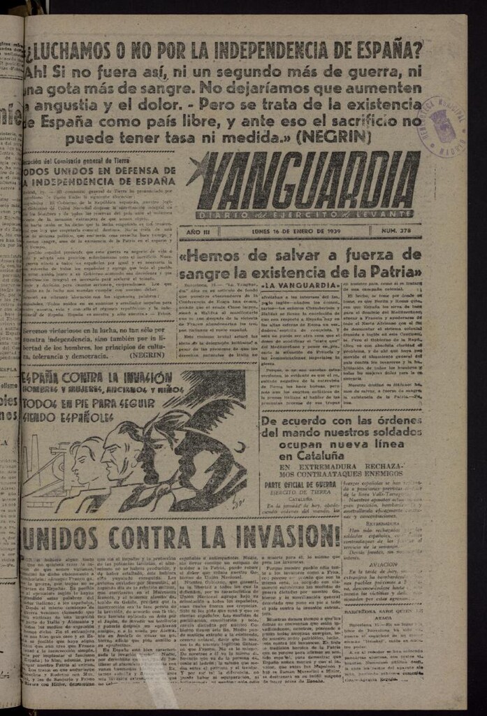 Miniatura de Vanguardia: Diario del Comisariado del Ejército de Levante del 16 de enero de 1939, nº 378