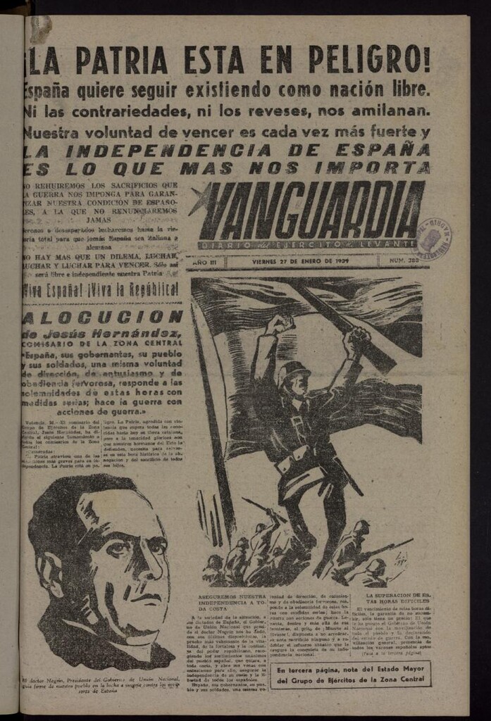 Miniatura de Vanguardia: Diario del Comisariado del Ejército de Levante del 27 de enero de 1939, nº 388