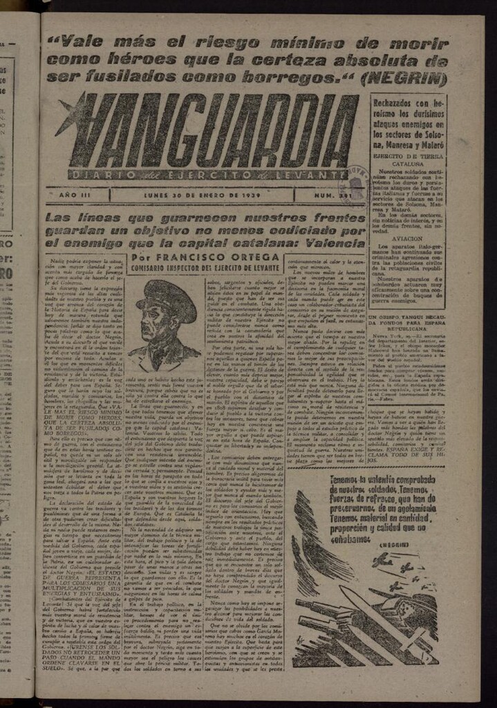 Miniatura de Vanguardia: Diario del Comisariado del Ejército de Levante del 30 de enero de 1939, nº 391