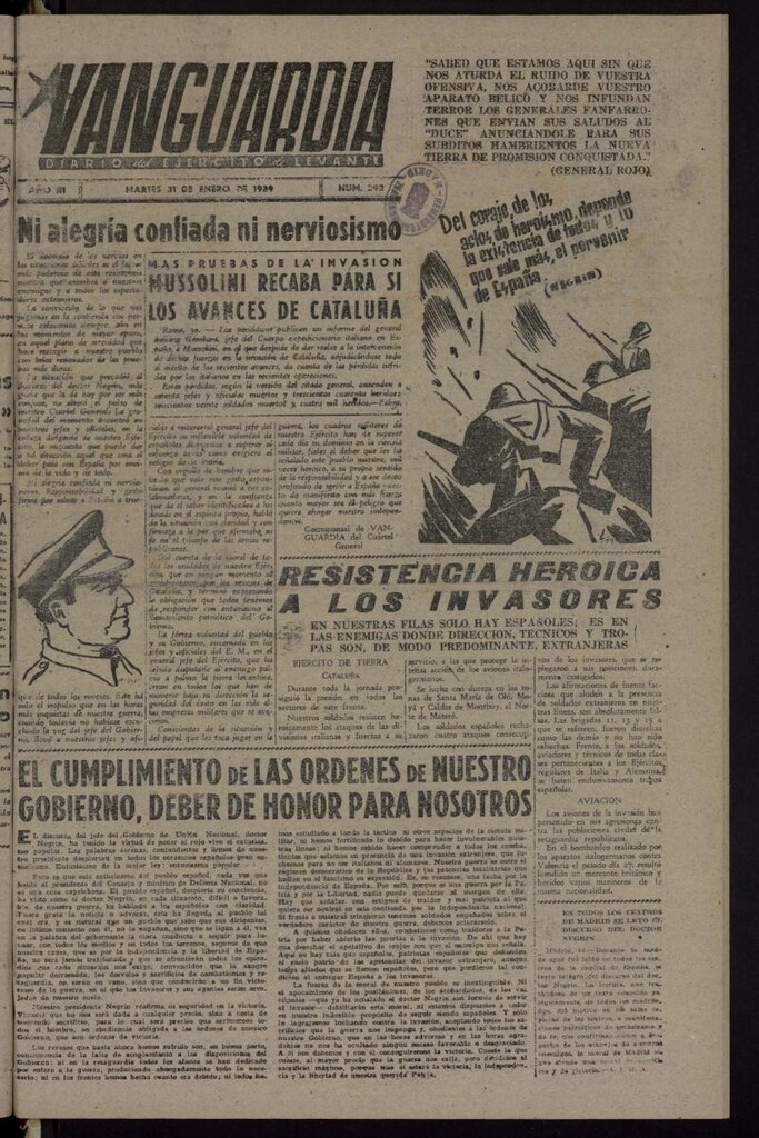 Miniatura de Vanguardia: Diario del Comisariado del Ejército de Levante del 31 de enero de 1939, nº 392