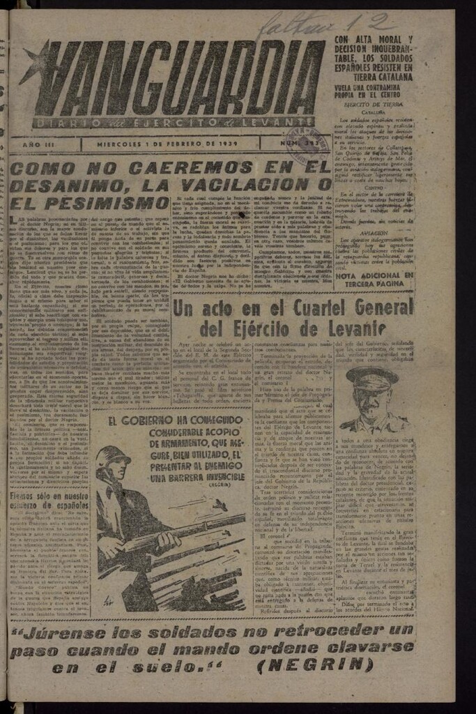 Miniatura de Vanguardia: Diario del Comisariado del Ejército de Levante del 1 de febrero de 1939, nº 393