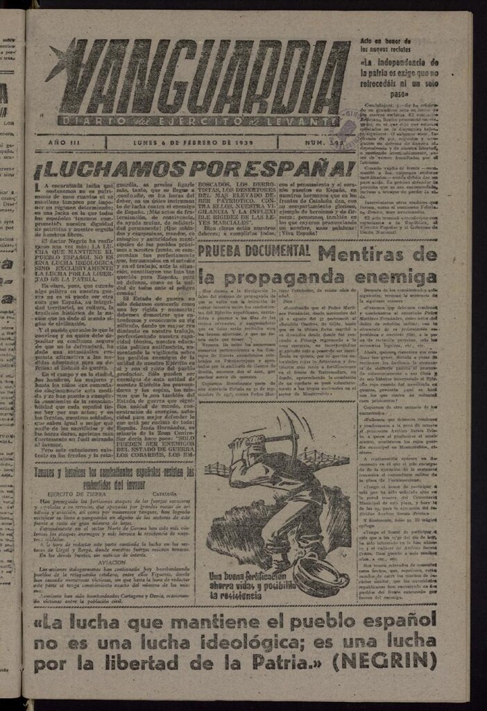 Miniatura de Vanguardia: Diario del Comisariado del Ejército de Levante del 6 de febrero de 1939, nº 398