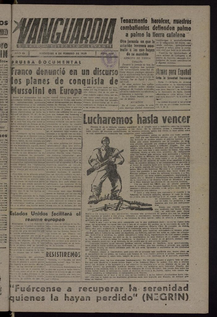 Miniatura de Vanguardia: Diario del Comisariado del Ejército de Levante del 8 de febrero de 1939, nº 400