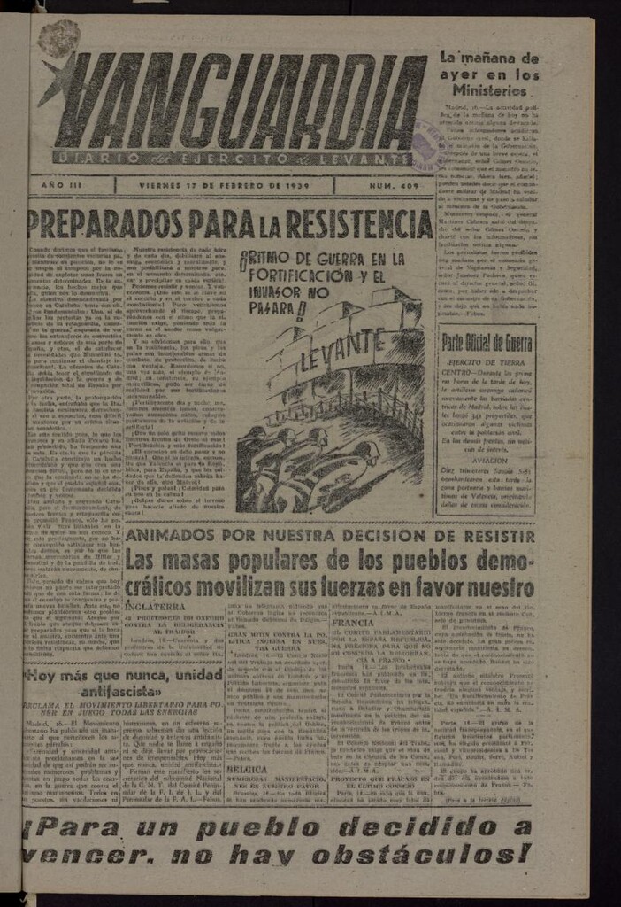Miniatura de Vanguardia: Diario del Comisariado del Ejército de Levante del 17 de febrero de 1939, nº 409
