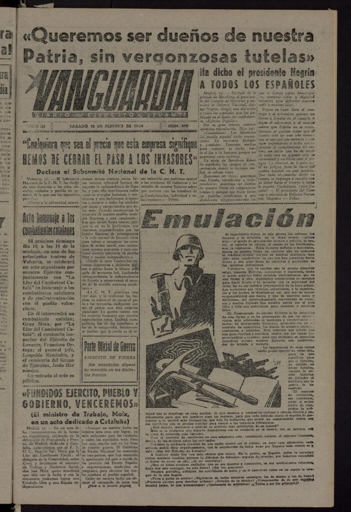 Miniatura de Vanguardia: Diario del Comisariado del Ejército de Levante del 18 de febrero de 1939, nº 410