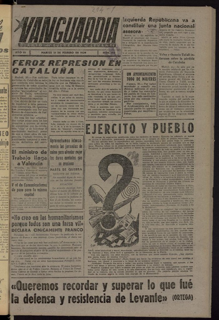 Miniatura de Vanguardia: Diario del Comisariado del Ejército de Levante del 21 de febrero de 1939, nº 413