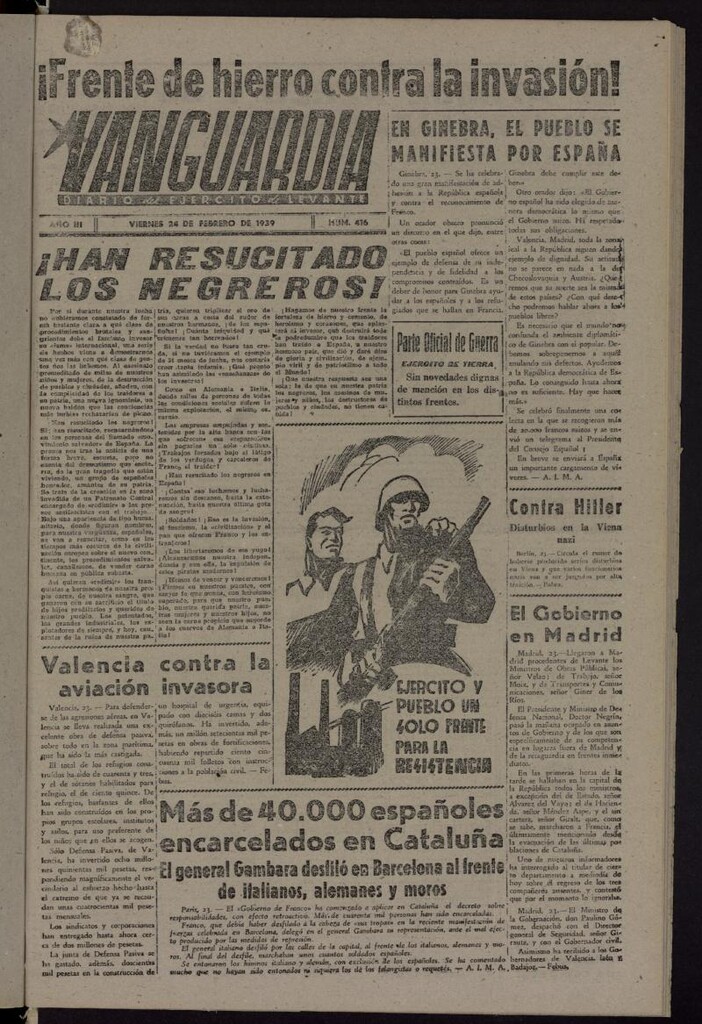 Miniatura de Vanguardia: Diario del Comisariado del Ejército de Levante del 24 de febrero de 1939, nº 416