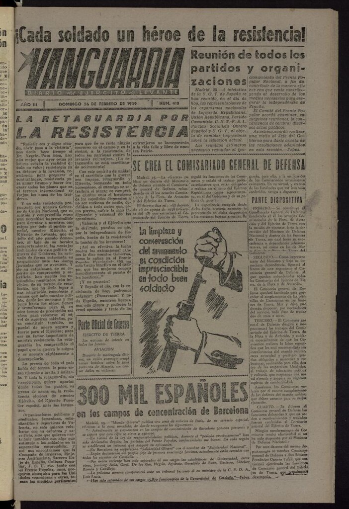 Miniatura de Vanguardia: Diario del Comisariado del Ejército de Levante del 26 de febrero de 1939, nº 418