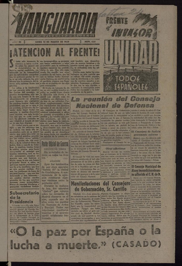 Miniatura de Vanguardia: Diario del Comisariado del Ejército de Levante del 13 de marzo de 1939, nº 433