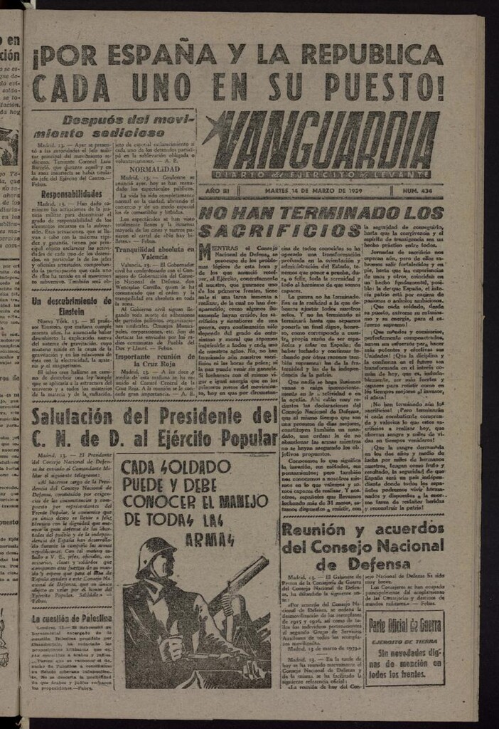 Miniatura de Vanguardia: Diario del Comisariado del Ejército de Levante del 14 de marzo de 1939, nº 434